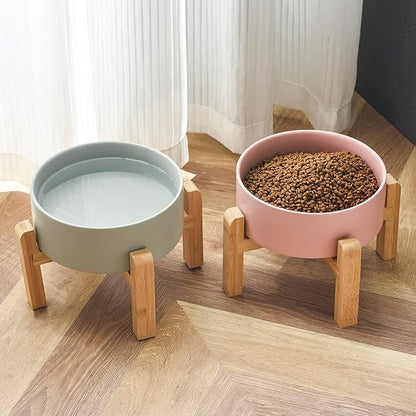 8'' Ceramic Raised Dog Bowl - 70Oz Dog Food & Water Bowl with Elevated Non-Slip Bamboo Stand, Dishwasher & Microwave Safe, Anti Vomiting Heavy Duty Pet Bowl for Medium and Large Dogs, Grey