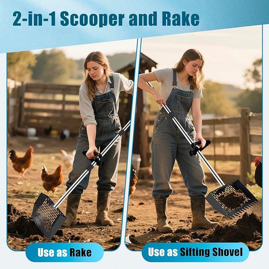 10-inch Large Metal Chicken Poop Scooper＆Rake 2-in-1 with Ergonomic Grip Adjustable Long Handle(36 to 61 Inches) for Cleaning Chicken Sand,Chicken Poop Sifting Shovel,Chicken Coop Accessories﻿