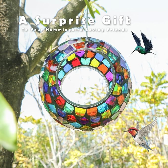 VCUTEKA Bird Feeder Mosaic Fly Through Bird Feeders for Outside Hanging with Round Shape Glass Container to Attract More Wild Birds for Garden, Yard, Backyard, Deck and Porch Decor, Polygon 7-Inch