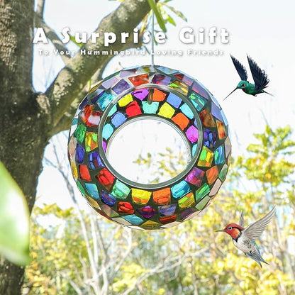 VCUTEKA Bird Feeder Mosaic Fly Through Bird Feeders for Outside Hanging with Round Shape Glass Container to Attract More Wild Birds for Garden, Yard, Backyard, Deck and Porch Decor, Polygon 7-Inch