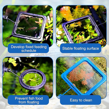 4 Pack Fish Feeding Ring for Betta Fish, Floating Food Container with Suction Cup, Square and Round Design, Black and Blue