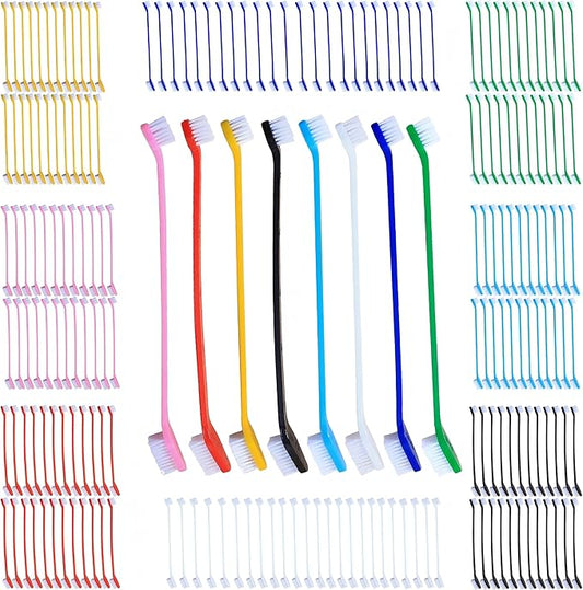Dog Toothbrush Bulk 200 Pcs 8 Colors - Dual Headed Cat & Dog Toothbrushes Kit, Long Handle Dental Brushes for Large/Small Dogs, Cats, Pets Teeth Cleaning Supplies