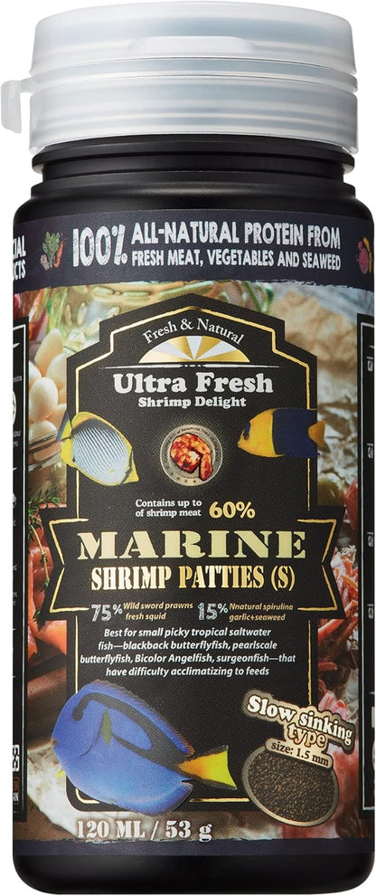 Ultra Fresh Marine Fish Food, 75% Sword Prawns + Squids, Natural Protein, Color Enhancement, for Small Saltwater Fish, Marine Shrimp Patties S 1.86oz