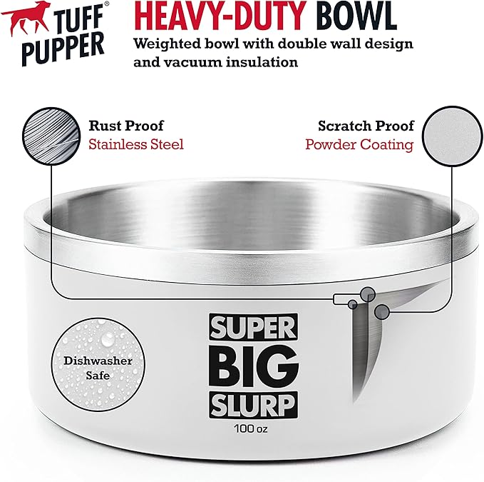 Tuff Pupper 100 oz Heavy Duty Insulated Stainless Steel Dog Bowl for Large Dogs, Non-Slip Base, Dishwasher Safe