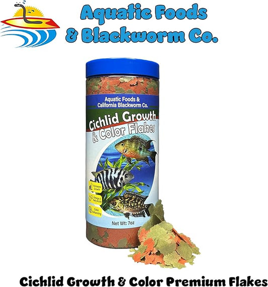Aquatic Foods Inc. Cichlid Green Growth & Red Color Enhancing Flakes for Cichlids, Central & South American Cichlids, 4-Type Wafer Mix & 12-Type Pellet Mix Included...7.0oz Canister