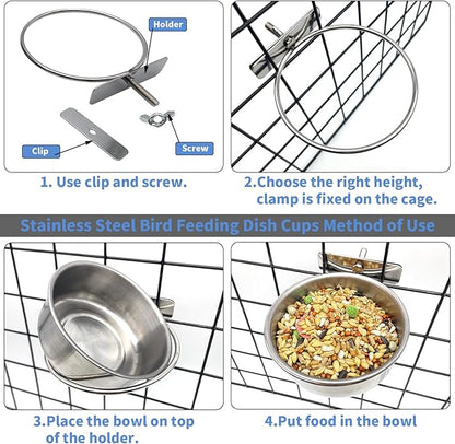 Tfwadmx 6 Pcs Bird Feeding Dish Cups Parrot Food Bowl Clamp Holder Coop Cup, Bird Cage Water Bowl for Parakeet African Greys Conure Cockatiels Lovebird Budgie Chinchilla