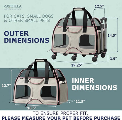 Katziela Pet Carrier - Airline Compliant Dog Carrier - TSA Approved Pet Carrier for Small Dogs and Cats - Soft FAA Travel Airplane Dog Carrier Luggage (Gray/Pink-6 Wheels)
