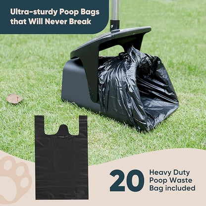 Stainless Steel Dog Pooper Scooper,40" Long Handle Swivel Bin and Rake,20 Waste Bags - Heavy Duty Portable Metal Poop Scooper for Large,Medium and Small Dogs