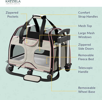 Katziela Pet Carrier - Airline Compliant Dog Carrier - TSA Approved Pet Carrier for Small Dogs and Cats - Soft FAA Travel Airplane Dog Carrier Luggage (Gray/Pink-6 Wheels)