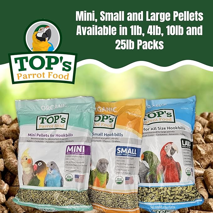 TOP's Parrot Food Pellets Hookbills, Small, Medium, Large Birds - Non-GMO, Peanut Soy & Corn Free, USDA Organic Certified - 1 lb / 453 g