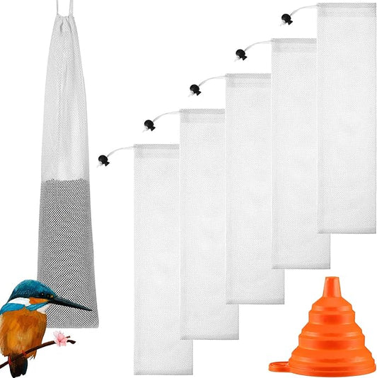 5 Piece Thistle Seed Feeder Set Mesh Socks with Folding Food Funnel for Finches for Garden Yard Outdoor(4 x 16 Inch)