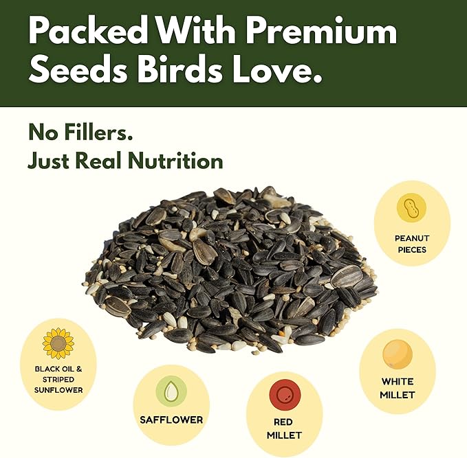 Wild Bird Seed for Outside Feeders by Freebird - Premium Songbird Blend with Sunflower, Safflower, Peanut Pieces, Red Millet and White Millet for Cardinals, Finches, and Colorful Wild Birds - 5lb Bag