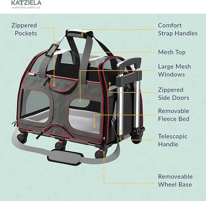 Katziela Luxury Rider Pet Carrier – Airline Compliant & TSA Approved Soft-Sided Travel Bag with Removable Base & 6 Wheels for Small Dogs & Cats – Black/Red