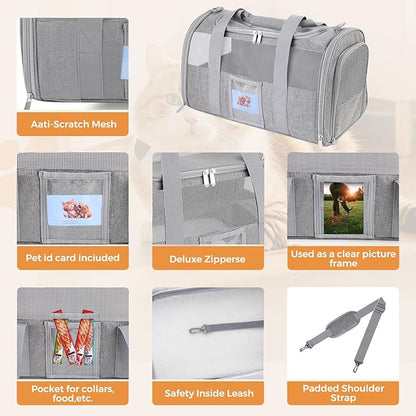 Pet Carrier 17Lx12Wx11H inches, Airline Approved,Pet Travel Carrier Bag for Small Cats and Dogs, Soft Dog Carrier for 1-25 LBS Pets,Dog Cat Carrier with Safety Lock Zipper (Grey)