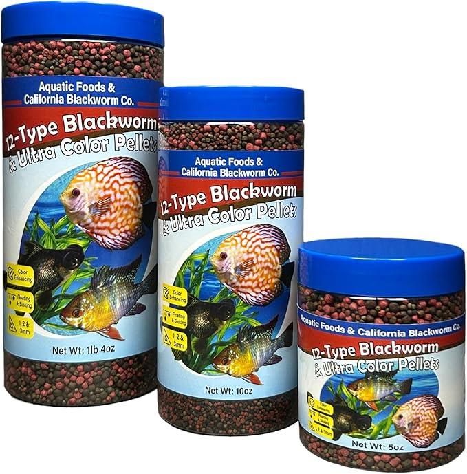 Aquatic Foods Inc. 12-Type Floating & Sinking California Blackworm & Coloring Pellets of 1mm, 2mm, 3mm Size for All Tropical Fish, Koi and Pond Fish, 4-Type Wafer Mix Included...10oz Canister