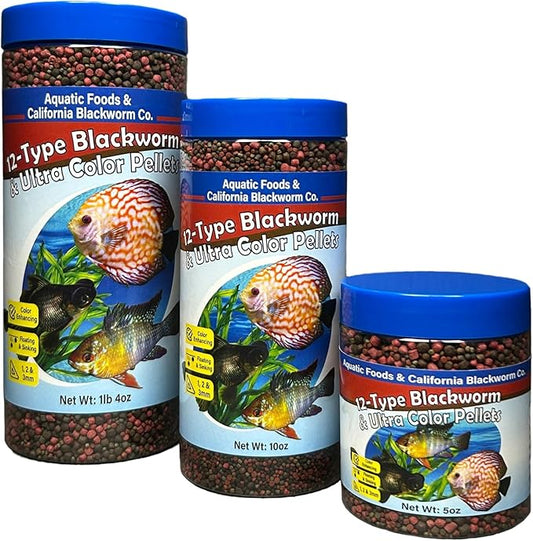 Aquatic Foods Inc. 12-Type Floating & Sinking California Blackworm & Coloring Pellets of 1mm, 2mm, 3mm Size for All Tropical Fish, Koi and Pond Fish, 4-Type Wafer Mix Included...10oz Canister