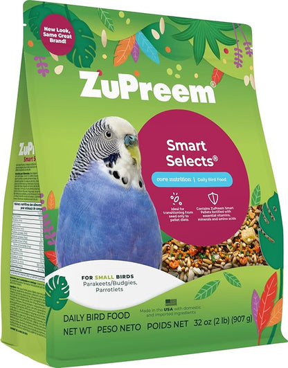 ZuPreem Smart Selects Daily Bird Food for Parakeet, Budgie, Parrotlet, Dove, Bird Pellets and Seed Blend, Core Nutrition for Small Birds, Made in USA, Parakeet Food, Budgie Food (S, 2 lb)