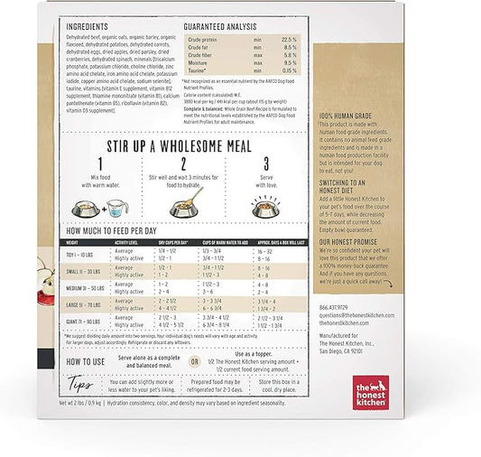 The Honest Kitchen Dehydrated Whole Grain Beef Dog Food, 2 lb Box