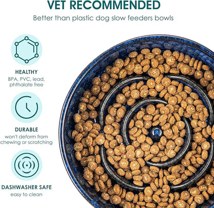 vancasso Slow Feeder Dog Bowl, 1.5 Cups Ceramic Slow Feeder for Medium Breed, Puzzle Maze Dog Food Bowl for Fast Eater, Blue