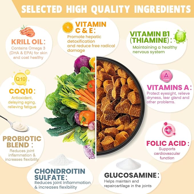 24-in-1 Dog Vitamins and Supplements 300 Ct Dogs Multivitamin Chewable Contain Chondroitin Probiotics Omega-3 Glucosamine for Dogs Skin Coat Heart Joint Gut Liver Brain Immune Support - Peanut Butter