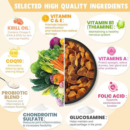 24-in-1 Dog Vitamins and Supplements 300 Ct Dogs Multivitamin Chewable Contain Chondroitin Probiotics Omega-3 Glucosamine for Dogs Skin Coat Heart Joint Gut Liver Brain Immune Support - Peanut Butter