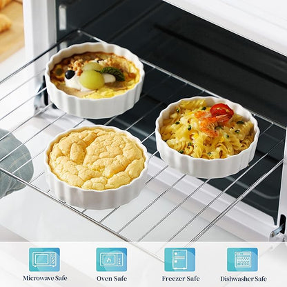 LOVECASA Porcelain Ramekins 8 Oz Oven Safe Set of 6 - Shallow Creme Brulee Dishes for Baking, Soufflés, Custards, Fluted Quiche Pans, Chip-Resistant & Stackable, White
