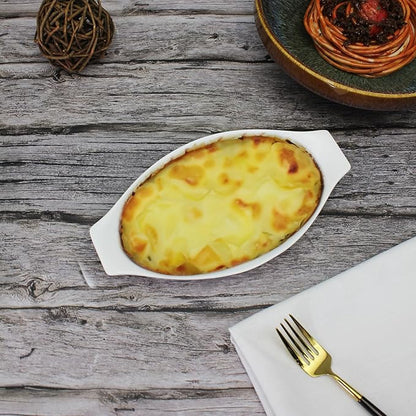 5 x 8 Inch Ceramic Oval Au Gratin Baking Dishes 12 OZ, Set of 4 Banana Split Bowls, for 1 or 2 Person Servings, Bakeware with Handle(10.3 IN) for Kitchen and Home, Oven & Microwave Safe