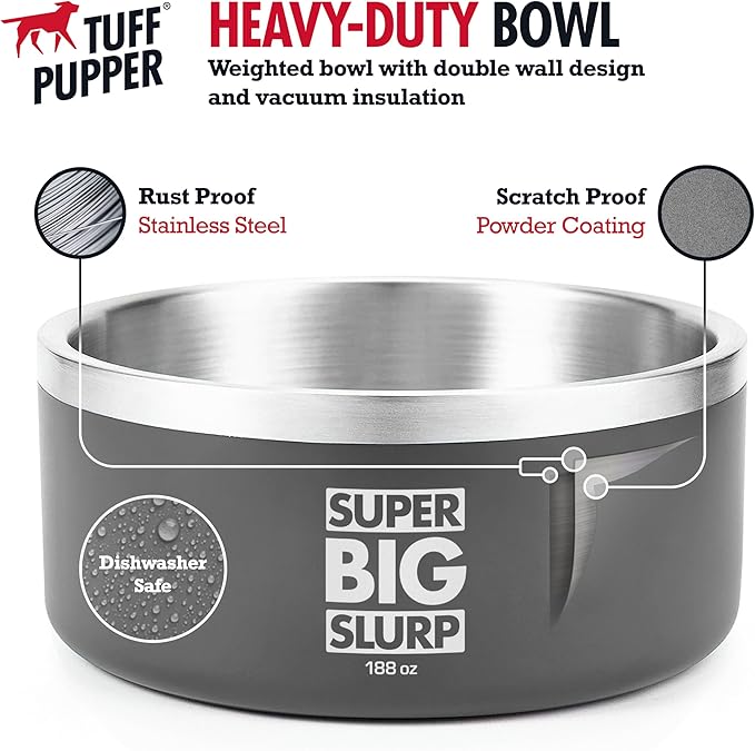 Tuff Pupper Heavy Duty Insulated Dog Bowl | Double Wall Stainless Steel Dog Food Dish | Non-Slip Spill Proof Dishwasher Safe Cat Bowl | Water Dish for Feeding Large Medium Small Pets (188oz, Grey)