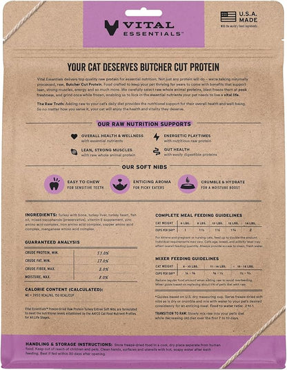 Vital Essentials Freeze-Dried Raw Turkey Meal or Mixer Cat Food Soft Nibs | 99% Turkey, Organs & Bone | 12 oz