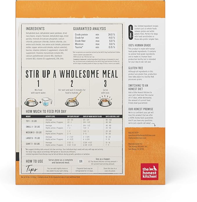 The Honest Kitchen Limited Ingredient Duck Grain Free Dehydrated Dog Food - Duck, 10 Pound Box