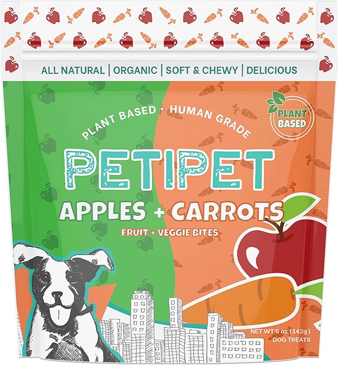 Apples+Carrots Plant-Based Fruit Dog Treats - Carrot and Apple Soft & Chewy - Healthy Vegetarian, Vegan Dog Treats with Organic Ingredients - Low-Protein, Hypoallergenic, Gluten-Free