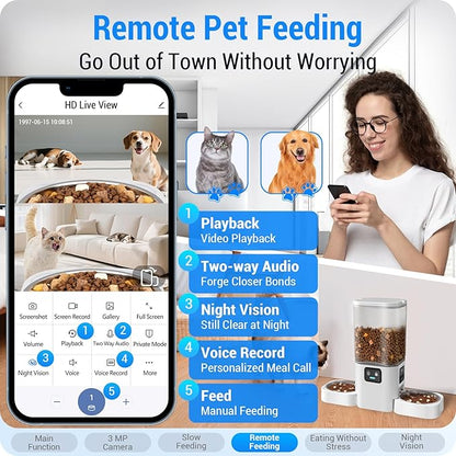 Automatic Cat Feeder with Two HD Camera for 2 Cats: 5G WiFi Automatic Dog Feeder with Night Vision & Slow Feed, 7L Auto Cat Food Dispenser for Multiple Pet, Detachable for Cleaning - 29 Cup