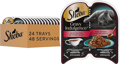 Sheba Gravy Indulgence Adult Wet Cat Food Beef Entree in Extra Gravy, 2.6 oz. Twin-Pack Trays (24 Count, 48 Servings)