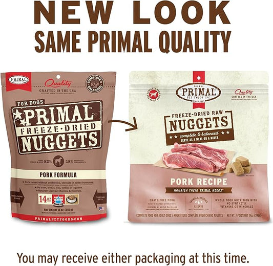 Primal Freeze Dried Raw Dog Food Nuggets, Pork, Complete & Balanced Meal, Also Use as Topper or Treat, Premium, Healthy, Grain Free, High Protein Raw Dog Food, 14 oz