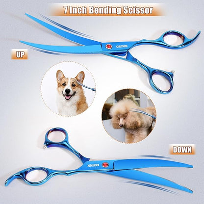 7.0in Titanium Blue Professional Pet Grooming Scissors Set, GEMEK 6 in 1 Straight & Thinning & Upwards Curved & Downwards Curved Scissors & Comb for Dogs, Cats (Blue)
