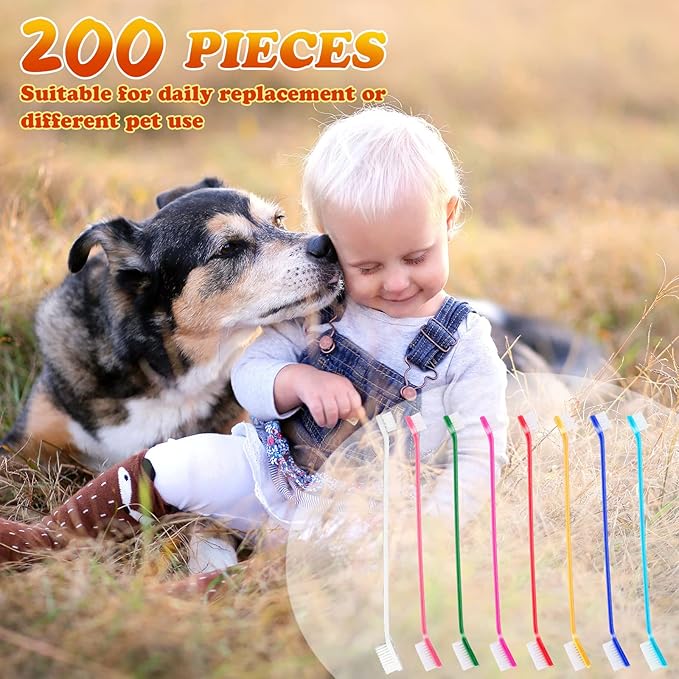200 count Dog Toothbrush Bulk Dual Headed Dental Brushes Dogs Tooth Brushing Kit Long Handle Pet Tooth Brush for Puppy Large Small Cats and Most Pets Teeth Cleaning Dental Care Supplies, 8 Colors