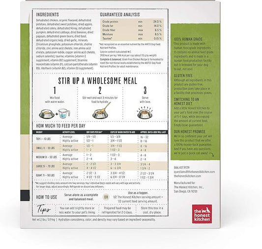 The Honest Kitchen Human Grade Dehydrated Grain Free Dog Food – Complete Meal or Dog Food Topper – Chicken 2 lb (makes 8 lbs)