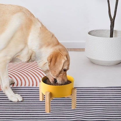 6'' Ceramic Raised Dog Bowl - 30Oz Dog Food & Water Bowl with Elevated Non-Slip Bamboo Stand, Dishwasher & Microwave Safe, Anti Vomiting Heavy Duty Pet Bowl for Small and Medium Dogs, Yellow