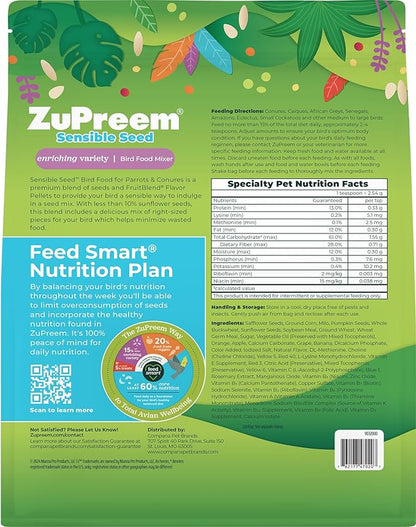 ZuPreem Sensible Seed Bird Food, Parrot, Conure, Caique, African Grey, Eclectus, Small Cockatoo, Seed and Pellet Blend for Medium Large Birds (ML, 2 lbs)