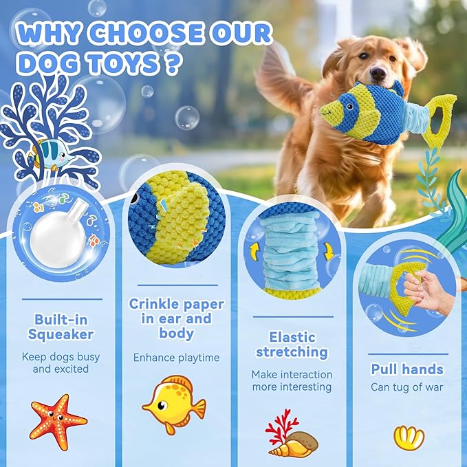 Tug of War Dog Toy, Squeaky Dog Toys, Interactive Fish Puppy Toys with Crinkle Paper to Keep Them Busy
