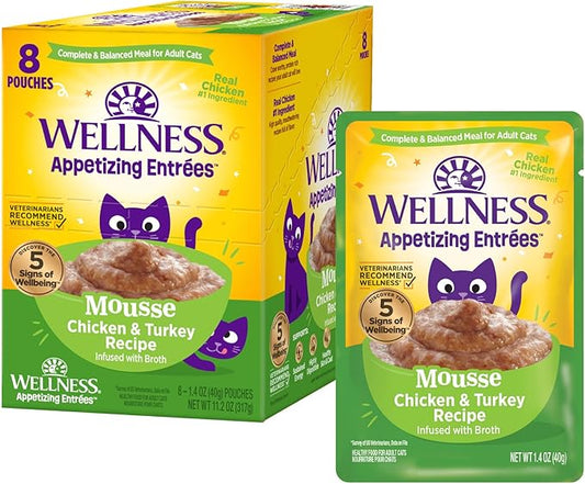 Wellness Appetizing Entrées Mousse Adult Wet Cat Food, Natural, Protein-Rich, Grain Free, 1.4 Ounce Pouch, 8 Pack (Chicken & Turkey Recipe)