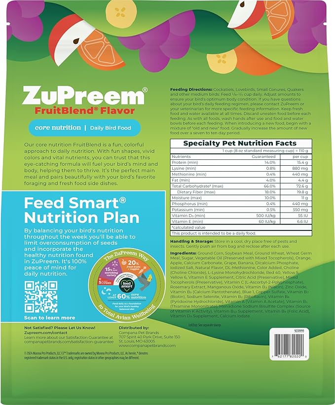 ZuPreem FruitBlend Bird Pellets, Daily Bird Food for Cockatiel, Lovebird, Quaker, Small Conure, Lorikeet, Core Nutrition for Medium Birds, Cockatiel Pellets, Conure Food (M, 2 lbs)