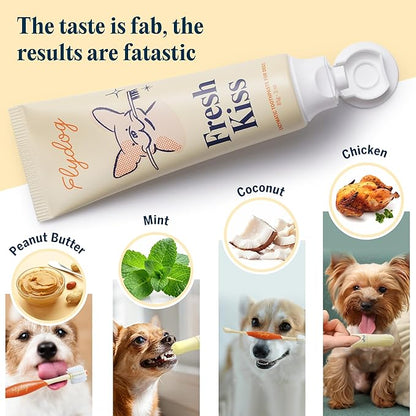 FlyDog Fresh Kiss Dog Tooth Brushing Kit - Vet Approved Formula, Enzymatic Dog Toothpaste and Brush - Breath Freshener & Tartar Remover, 360° Toothbrush & Finger Brush, Dental Guide, Peanut Butter