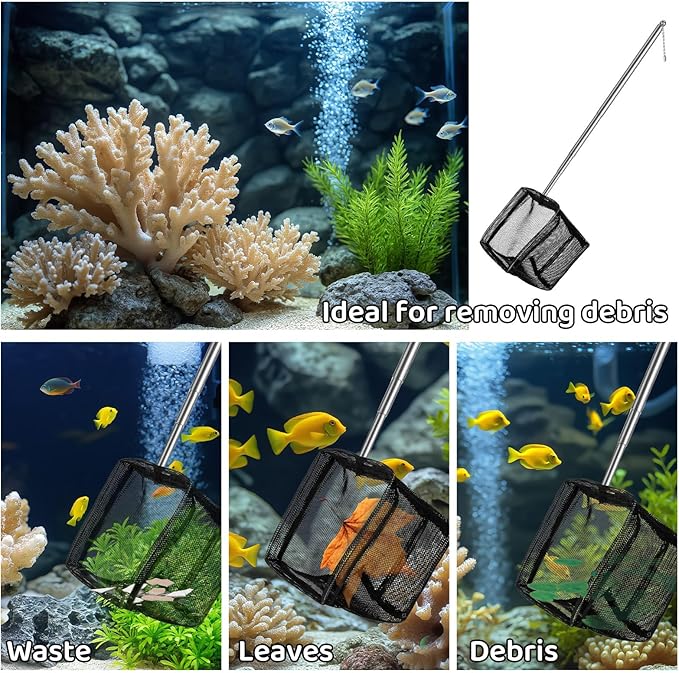 2 Pack Fish Net for Fish Tank Aquarium Net Small Black Aquarium Shrimp Nets with Extendable Stainless Steel Handle Fine Tank Tool Mesh for Shrimp, Food Residue Debris Skimming