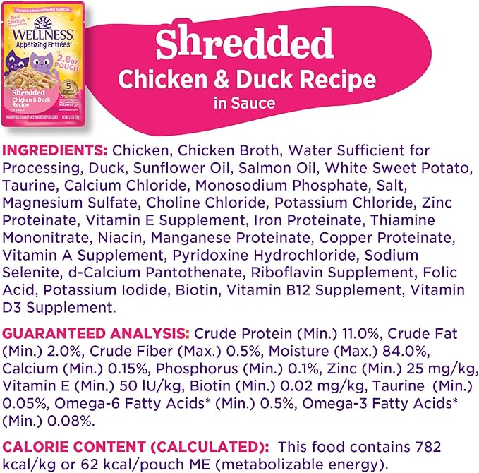 Wellness Appetizing Entrées Shredded Adult Wet Cat Food, Natural, Protein-Rich, Grain Free, 2.8 Ounce Pouch, 8 Pack (Chicken & Duck Recipe)