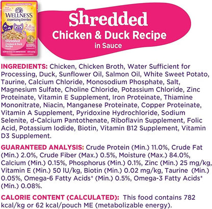 Wellness Appetizing Entrées Shredded Adult Wet Cat Food, Natural, Protein-Rich, Grain Free, 2.8 Ounce Pouch, 8 Pack (Chicken & Duck Recipe)