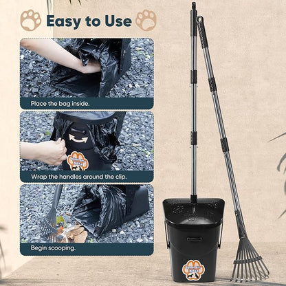 Stainless Steel Dog Pooper Scooper,40" Long Handle Swivel Bin and Rake,20 Waste Bags - Heavy Duty Portable Metal Poop Scooper for Large,Medium and Small Dogs