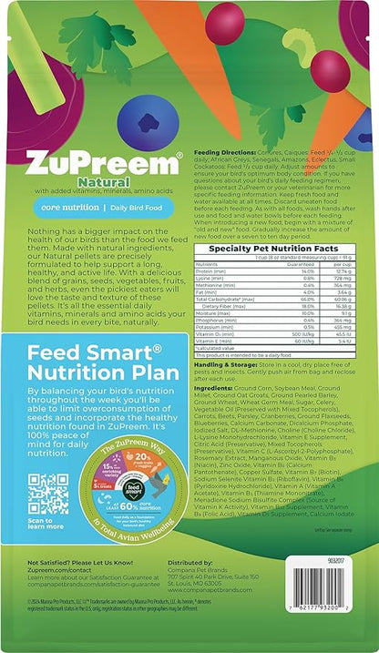 ZuPreem Smart Selects Daily Bird Food for Parrot, Conure, Caique, African Grey, Eclectus, Small Cockatoo, Bird Pellets and Seed Blend, Nutrition for Medium Large Birds, Parrot Food (ML, 4 lbs)