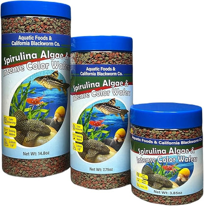 Aquatic Foods Inc. 3.5mm - 1/3" Small Sinking Wafers of Spirulina, Algae & Color Enhancing Wafers for Bottom Fish, Shrimp, Snails, All Tropical Fish. 4-Type Wafer & 12-Type Pellet Mix Included 12oz