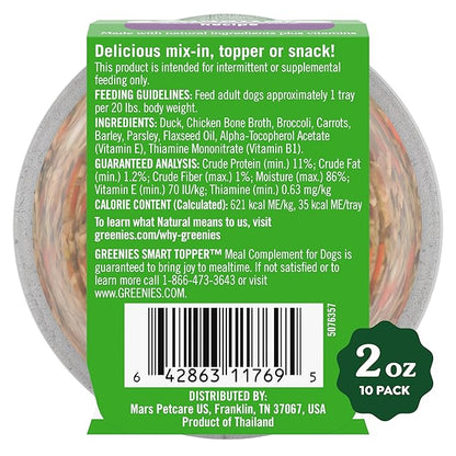 Greenies Smart Topper High Protein Wet Mix-in for Dogs, Duck, Broccoli, Carrots & Barley Recipe in Vitabroth Broth - Bone Broth + Vitamins E & B1, 10 Count
